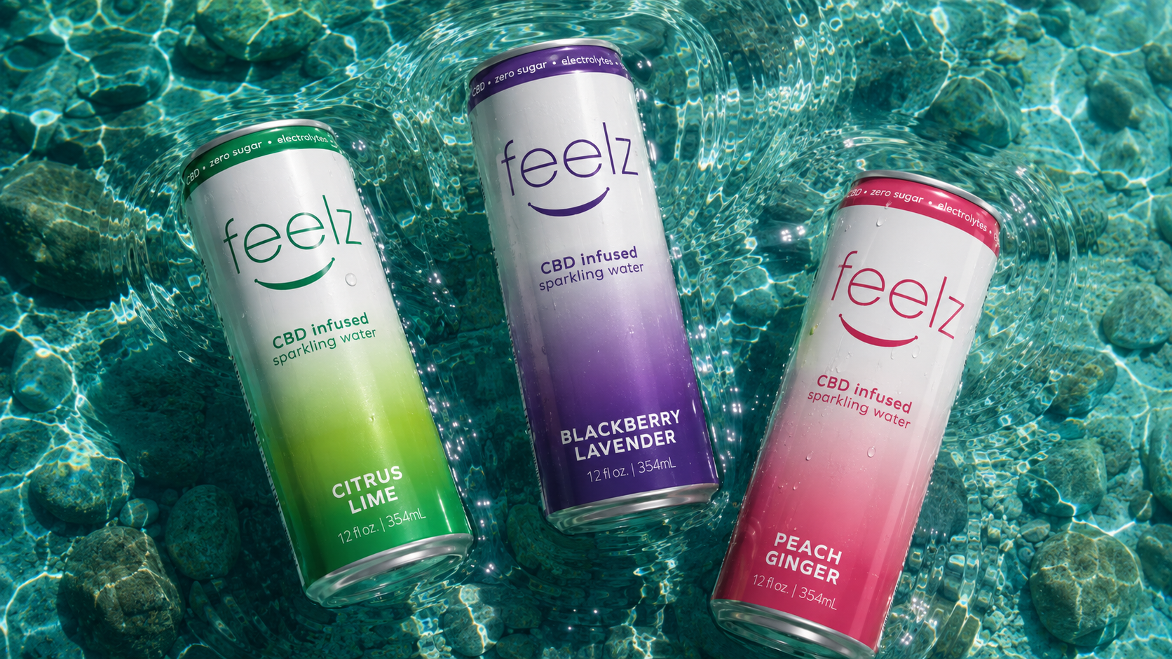 Feelz CBD Enhanced Sparkling Water can packaging lineup